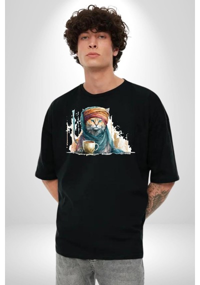 Türk Kahvesi Kedi Pamuklu Bisiklet Yaka Unisex Oversize Boyfriend Dijital Baskılı Siyah T-shirt Siyah