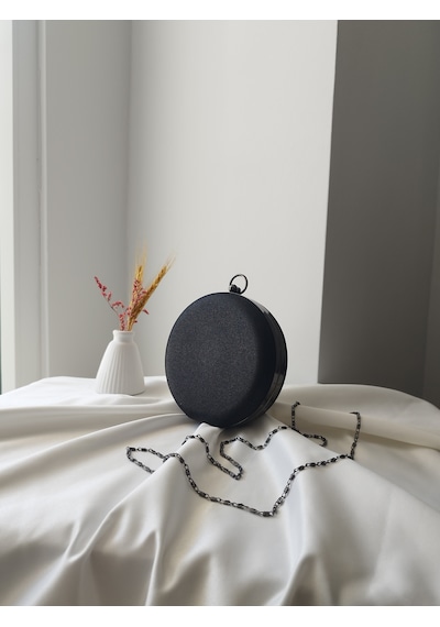 Vivazzaluxe Modern Yuvarlak Model Simli Düğün Nişan Gelin Kadın Abiye Clutch Çanta Siyah