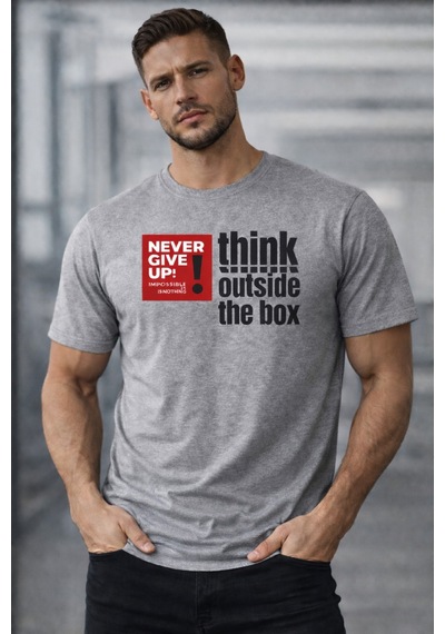 Herkesemoda Think Outside Yazı Detaylı Basic T-shirt Gri