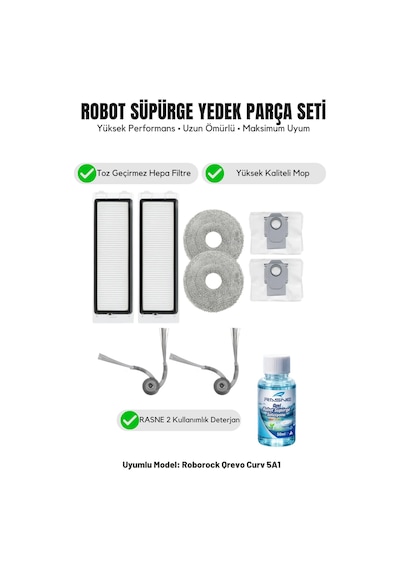 Roborock Qrevo Curv 5a1 İle Uyumlu 2 Yan Fırça 2 Filtre 2 Mop 1 Deterjan 2 Toz Torbası 5.0