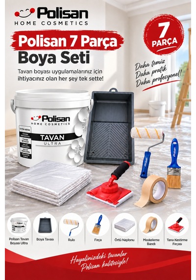 7 Parça Boya Seti - Tavan Boyası, Tavan Kestirme Fırçası, Rulo, Hışır Örtü, Maskeleme Bantı, Kestirme Fırçası, Boya Kabı
