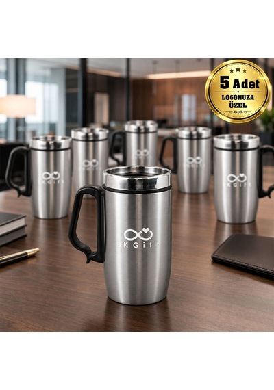 Logonuza Özel 5 Adet 5304 Çelik Kupa 240 Ml Kilitli Kapaklı Kurumsal Termos Mug Gümüş