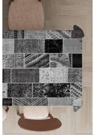 Gri Patchwork Desenli Dokuma Leke Tutmaz Masa Örtüsü Mso292n11