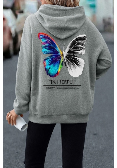 Uyguntarz Unisex Butterfly Sırt Baskılı Sweatshirt Gri