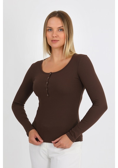 Hdm Kadın Kahverengi Uzun Kollu Fitilli Patlı Çıtçıtlı Basic Örme Bluz - H6172