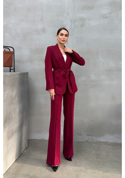 Msm Fashion Kadın İkili Kuşaklı Blazer Ceket Pantolon Takım Bordo