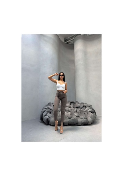 Kene Jeans Kadın Yüksek Bel Vizon Keten Paça Kesik Dar Paça Pantolon Gri