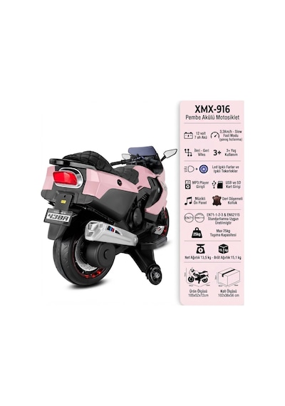 438 Xmx-316 Akülü Motor- Müzikli Led Işıklı Teker 12v Pembe Tek Kişilik Akülü Motor