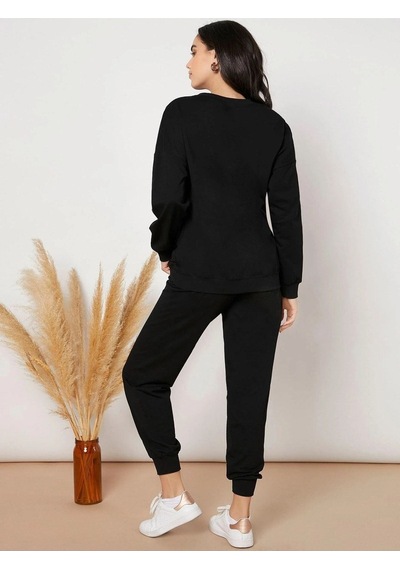 Basic Düz Eşofman Takımı Sweatshirt Jogger - Siyah Oversize Şardonlu Bisiklet Yaka Siyah