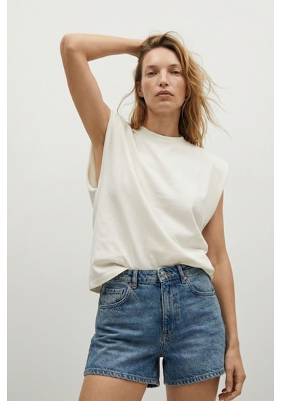 Elemge %100 Pamuk Süprem Tok Kumaş Kadın Oversize Ekru T-shirt Geniş Omuzlu Dökümlü Kolsuz Bol Kalıp
