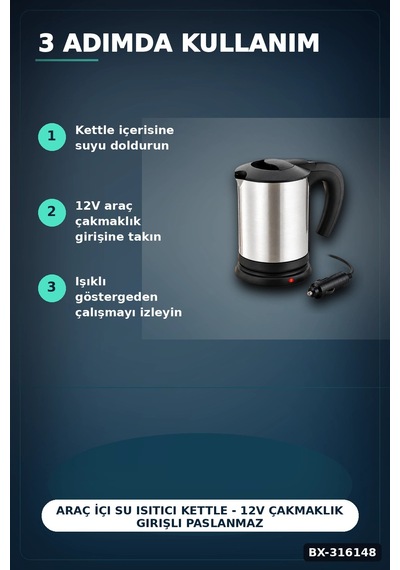 Araç İçi Su Isıtıcı Kettle - 12v Çakmaklık Girişli Paslanmaz Çelik Termos Bx-316148