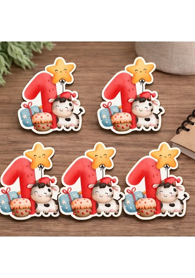 1 Yaş Temalı İnek Figürlü Mdf 5 Li Set 5x5 Cm Mdf