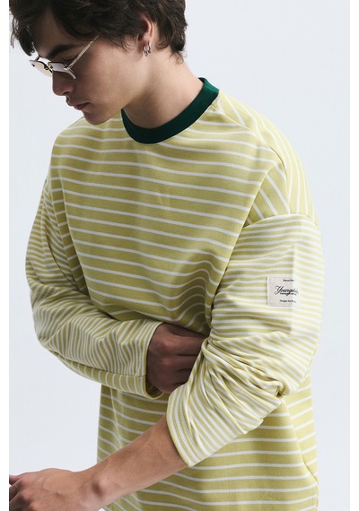 Vamos Kontrast Yaka Çizgili Sweatshirt Ekru-sarı