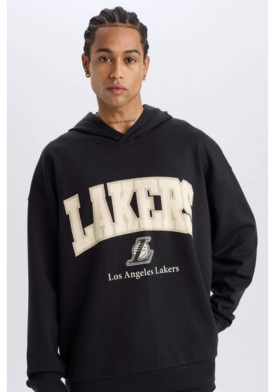 DeFactoFit NBA Los Angeles Lakers Oversize Geniş Kalıp Kapüşonlu Skuba Dalgıç Kumaş Sweatshirt D6709AX25SPBK82
