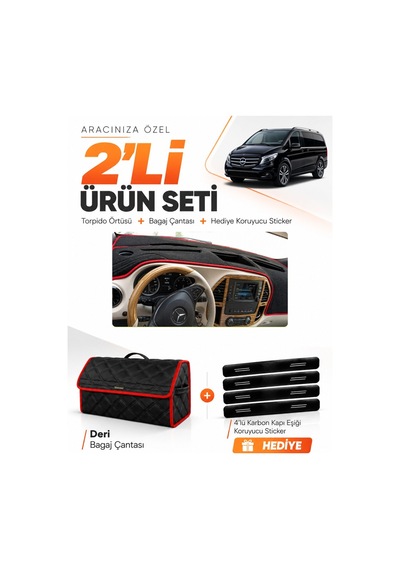 Mercedes Vito W447 2014-2021 Uyumlu Torpido Örtüsü + Deri Bagaj Çantası + Sticker - Siyah Kırmızı