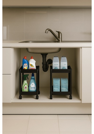 Flex Elite Pro 2 Katlı Siyah Tekerlekli Çok Amaçlı Banyo & Mutfak Düzenleyici Raf Evye Altı Deterjanlık Siyah