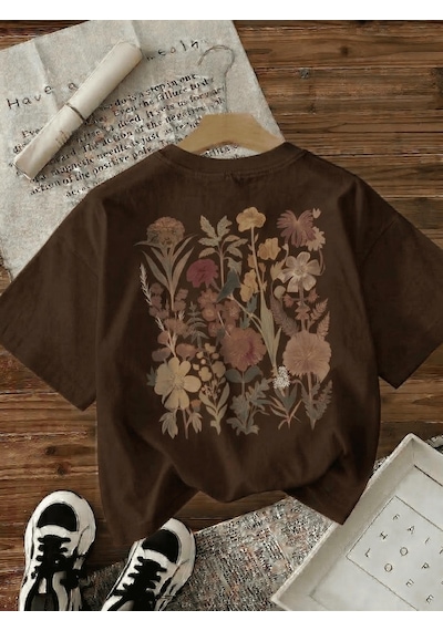 Retro Botanik Sırt Baskılı Çiçek Desenli Premium Kadın Oversize T-shirt Kahve