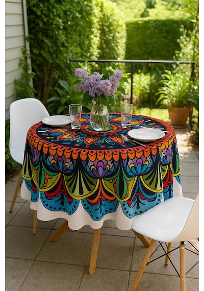 Yuvarlak Etnik Desenli Duck Kumaş Masa Örtüsü 150x150 Cm Çok Renkli