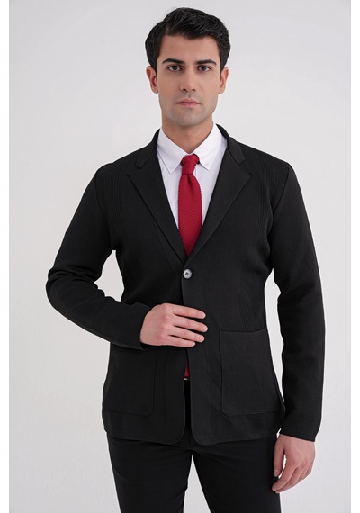 Comfort Fit Ceket Yaka Torba Cep Düğmeli Siyah Yünlü Triko Ceket 04 Siyah