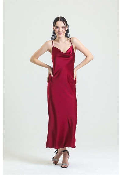 Magic Form 9790 Kadın Bordo Degaje Yaka Krep Saten Uzun Gecelik Bordo