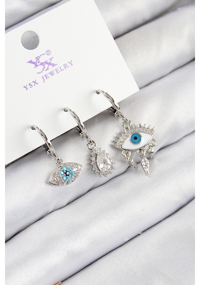 Pirinç Zirkon Taşlı 3'lü Fatma'nın Gözü Model Gümüş Renk Kadın Küpe Çok Renkli