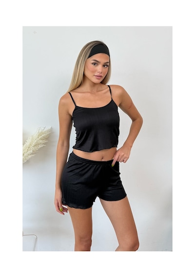 Giysa Kadın Askılı Kaplı Şortlu Pijama Takımı Siyah - 3403 Siyah Düz