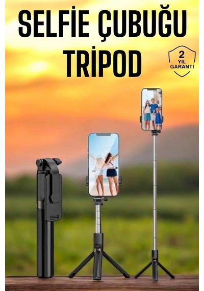 Selfie Çubuğu Tripod Kumandalı Telefon Tutucu Siyah 1 Adet