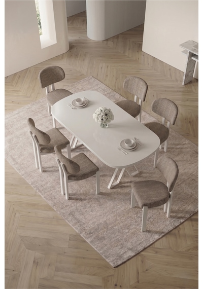 Opss 90x168 Beyaz Mdf Masa, Metal X Ayak, Metal Sandalye, 6 Kişilik Mutfak Masası Takımı Ve Yemek Masası Takımı Bej Opss 90x168 Beyaz Mdf Masa, Metal X Ayak, Metal Sandalye, 6 Kişilik Mutfak Masası Takımı Ve Yemek Masası Takımı Bej