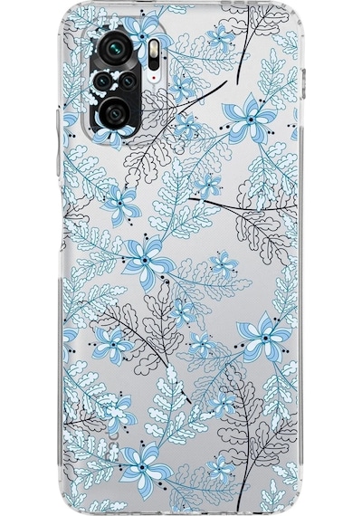 Xiaomi Redmi Note 10s Kamera Korumalı Kapak Floral Mavi Tasarımlı Şeffaf Kılıf