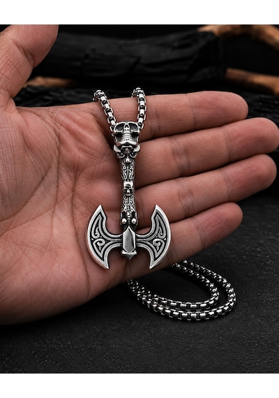 Paslanmaz Çelik Gotik Tarz Kurukafa Balta Kolye Gümüş