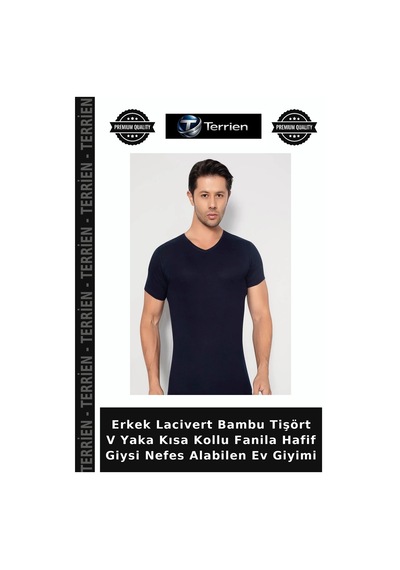 Terrien Erkek Lacivert Bambu Tişört V Yaka Kısa Kollu Fanila Hafif Giysi Nefes Alabilen Ev Giyimi