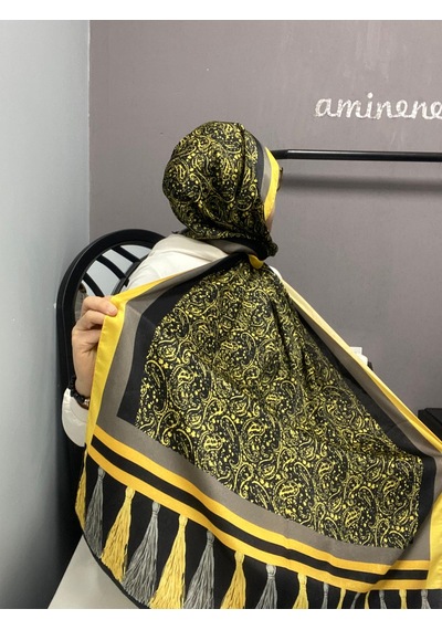 Aminenesil Cardion Premium Etnik Desen Şal Sarı Siyah Renk
