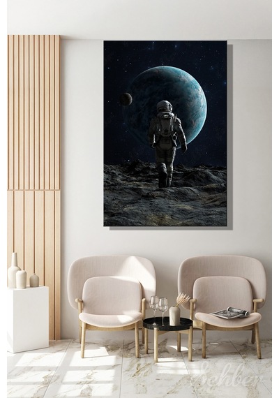 Uzay Ve Astronot Temalı 3 Boyutlu Dijital İllüstrasyon Dikey Kanvas Tablo 4815 Çok Renkli