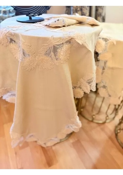 Gri Çeyizlik Flowers Model 5 Parça Keten Dantelli Runner Seti Salon Takımı Çok Renkli