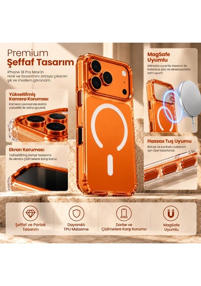 Iphone 17/18 Pro Max İle Uyumlu Şeffaf Magsafe Kılıf, Turuncu Tasarim