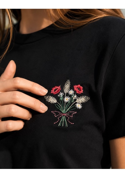 Yubistitch Tshirt Nakış İşlemeli Demet Çiçek- Penye-siyah