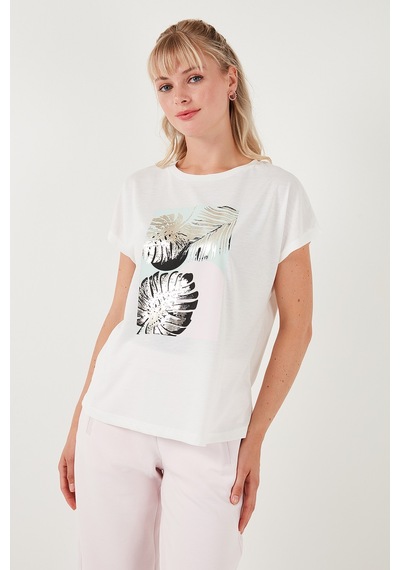 Lela Baskılı Bisiklet Yaka Regular Fit Bayan T Shirt 6671004 Ekru