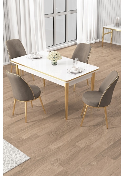 Canisa Rewa Serisi 70x110 Sabit Beyaz Gold Detay Masa Takımı Ve 4 Cappucino Sandalye Masa Beyaz Sandalye Cappucino Ayak Gold Canisa Rewa Serisi 70x110 Sabit Beyaz Gold Detay Masa Takımı Ve 4 Cappucino Sandalye Masa Beyaz Sandalye Cappucino Ayak Gold
