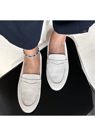Ne&ve Shoes Ekru Süet Hakiki Deri Kadın Loafer Ayakkabı