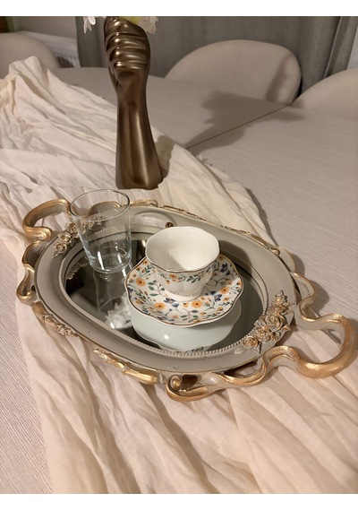 Küçük Oval Aynalı Kulplu Dekoratif Tepsi Vizon & Altın Varaklı 37x21 Cm