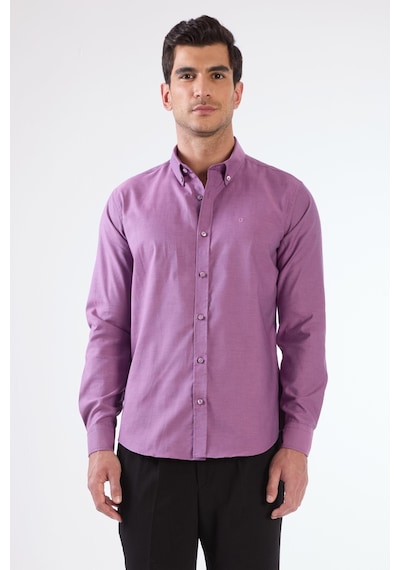 Dufy Koyu Lila Erkek Slim Fit Düz Brent Düğmeli Yaka Uzun Kol Gömlek - 102469 Koyu Lila
