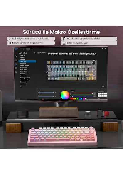 Aula F75 Mekanik Rgb Tkl Sessiz Cotton Candy Switch Kablosuz Makrolu Hot Swap Klavye Pembe