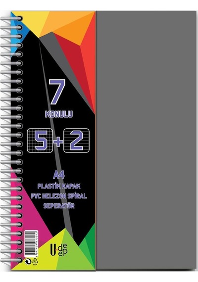 5+2 Ayraçlı Defter 7 Konulu 175 Yaprak 1 Adet 5 Kareli 2 Çizgili Spralli Plastik Kapak Seperatörlü Gri