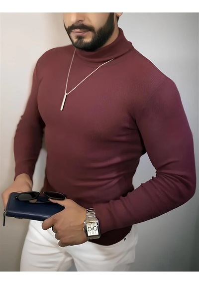 Erkek Tam Boğazlı Fitilli Kaşkorse Triko Likralı Extra Dar Kesim Slimfit Yumuşak - Bordo