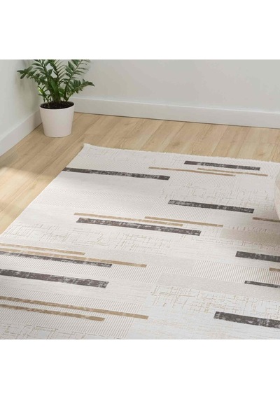 Krem Bej Kahve Yatay Blok Desenli Halı - Mk0559grl