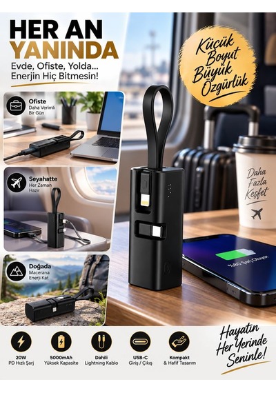 5000mah 20w Pd Hızlı Şarj Powerbank Dahili Lightning Kablolu Type-c Çıkışlı Taşınabilir Siyah