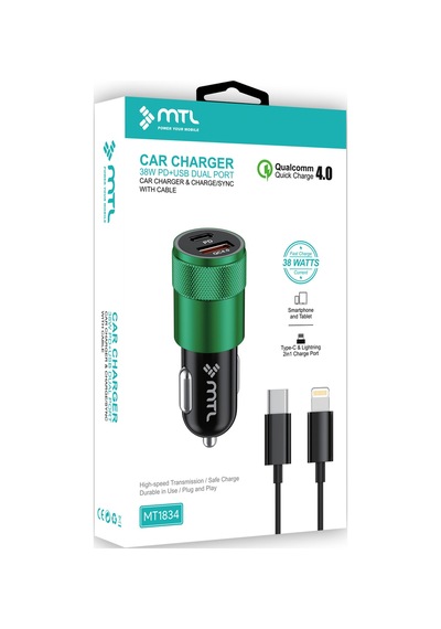 Araç Şarj Aleti Çakmaklık 38w Lightning Type-c + Usb Çift Portlu - Qualcomm Qc 4.0 Desteği Mt-a1834