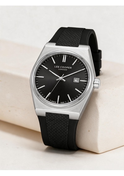 Lee Cooper Siyah Silikon Kayış Siyah Kadran 40 Mm Yuvarlak Erkek Kol Saati, Bileklik Hediyeli Gümüş