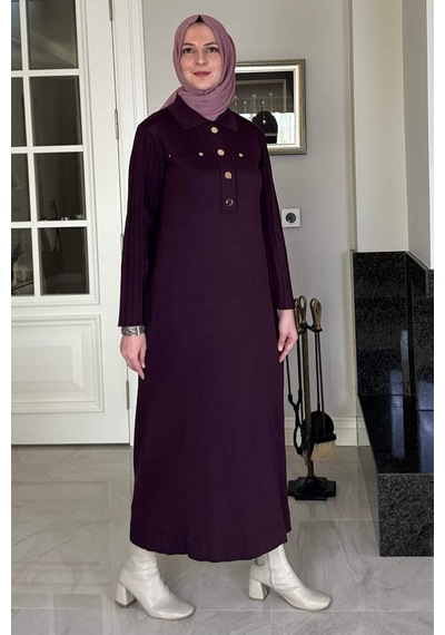 Rabia Şamlı Beste Triko Elbise Mürdüm Normal