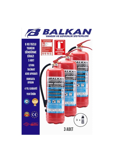 6 Kg Ruhsata Uygun 4 Yıl Tozlu Yangın Tüpü 3 Adet Set Talimat-levha-askı